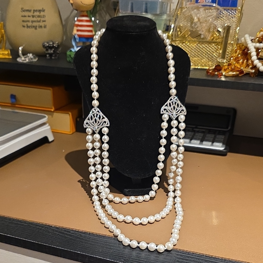 Source Unknown White Pearl Multi-Strand Necklace … - image 1